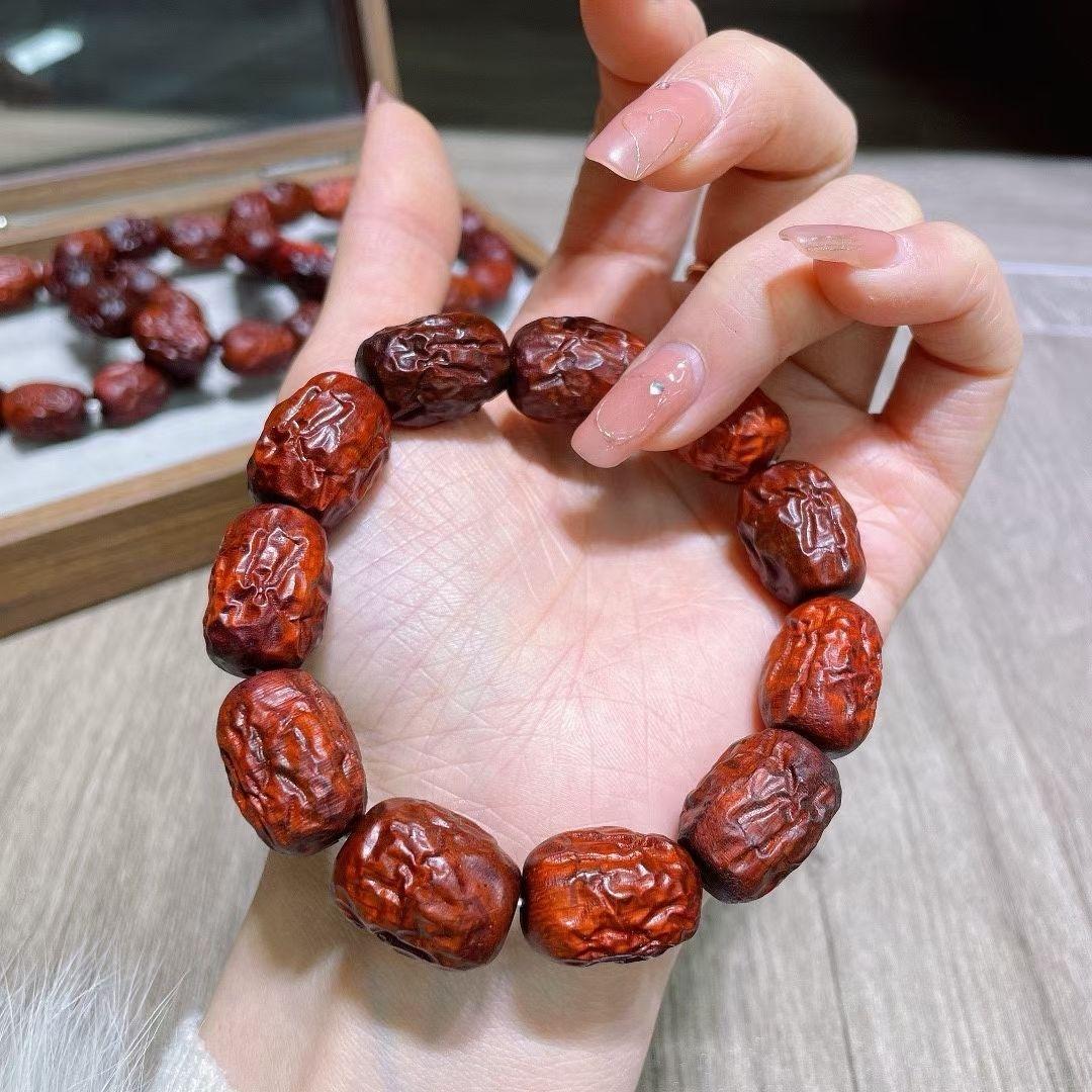 小叶紫檀红枣佛珠手串个性手链雕刻老料手工男女枣珠文玩念珠美女