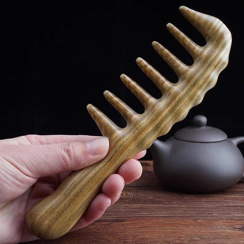 天然绿檀木梳子头部按摩梳长柄按摩梳大齿头皮宽齿按摩梳