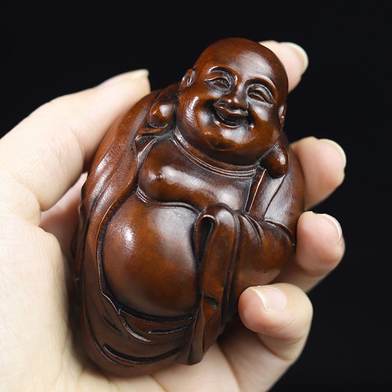 黄杨木老货旧藏笑脸大肚弥勒佛手把件文玩实木雕刻中式工艺品挂件