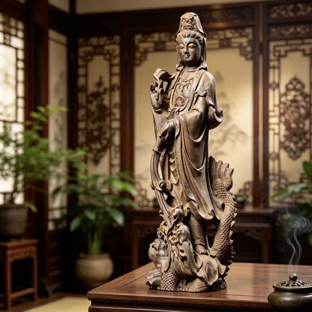 天然大号越南沉香观音原木雕刻御龙观世音菩萨沉木工艺摆件供奉