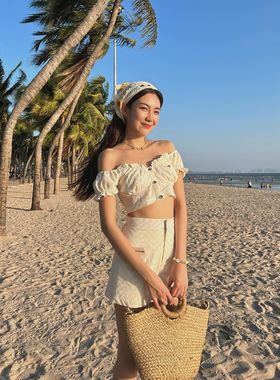 Penelope 泰国品牌 官网正品 美式复古风露肩衬衫高腰短裤两件套