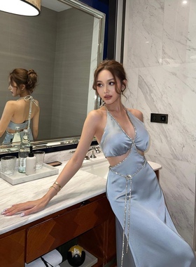 Sherily 泰国品牌正品代购 性感深V钻石链条挂脖镂空露背连衣裙