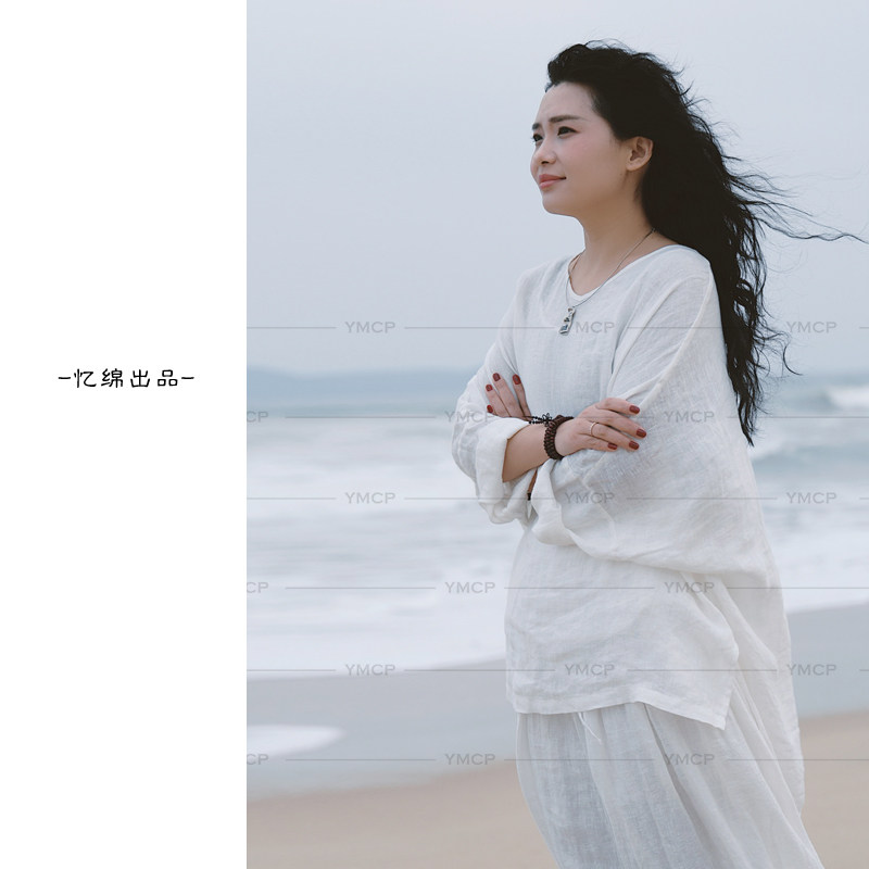 YIMIAN 简约禅意时尚v领高级感松弛感亚麻宽松百搭上衣2624150