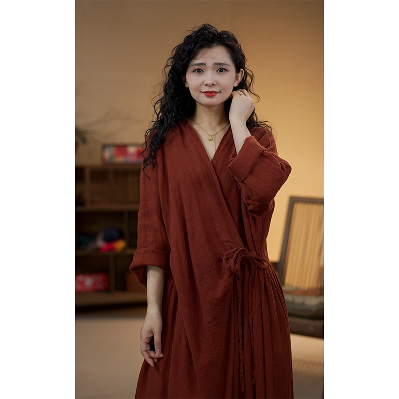 YIMIAN  春光作序素雅温柔亚麻禅意气质肌理感重工连衣裙26058