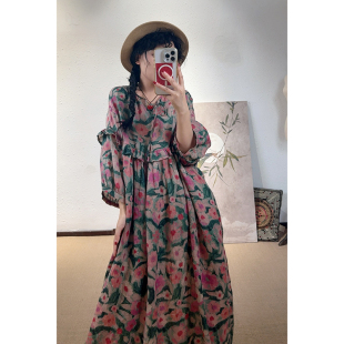 减龄连衣裙20072 苎麻浪漫温柔花边高腰灯笼袖 YIMIAN 田园法式