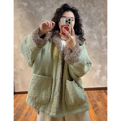 YIMIAN时尚单品亚麻毛领棉衣