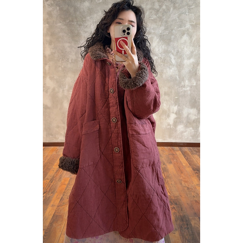 YIMIAN亚麻小众复古菱格加棉棉衣