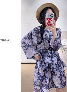 YIMIAN  慵懒随性“夏日灿烂”韩系洒脱苎麻印花文艺百搭短裤2075