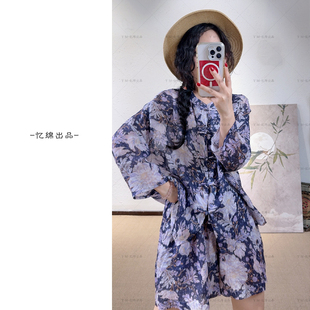 YIMIAN  慵懒随性“夏日灿烂”韩系洒脱苎麻印花文艺百搭短裤2075
