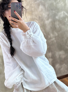 YIMIAN  惊艳优雅别致文艺格调活泼感花边领苎麻双层衬衫9311