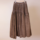 YIMIAN 时髦亚麻色织文艺拼接肌理褶皱大摆双层撕边半身裙2625324