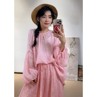 YIMIAN 温柔百搭上衣625195 温柔氧气感苎麻清爽穿搭系绳灯笼袖