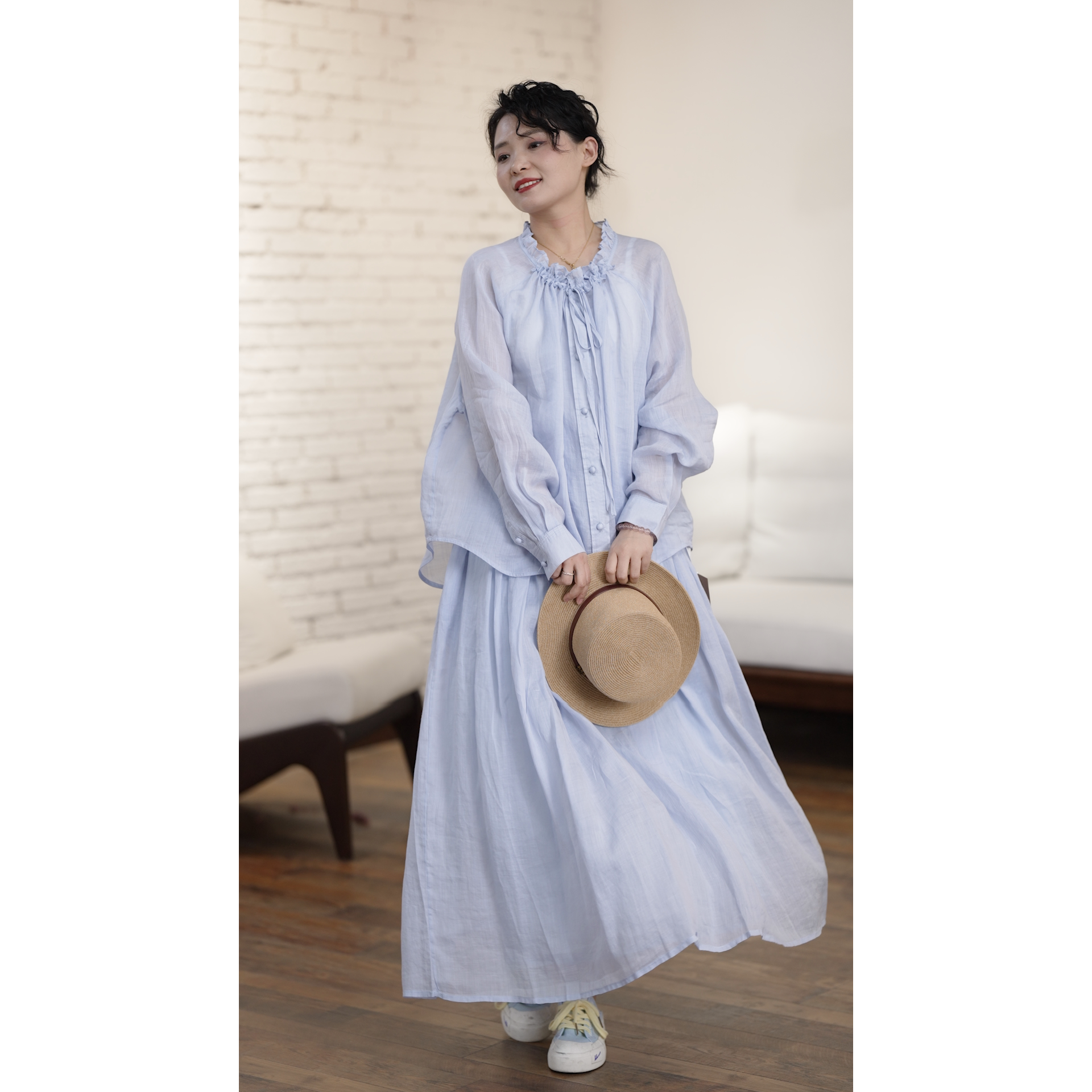 YIMIAN 仙气百搭松紧腰显瘦休闲双层大摆半身裙1053