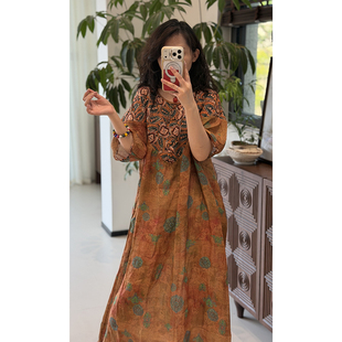 YIMIAN  “菩提花叙”腰果花拼接苎麻复古文艺民族风连衣裙290959