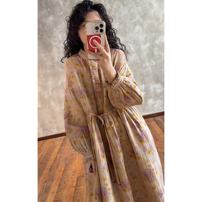 YIMIAN浪漫温柔风印花抽绳连衣裙