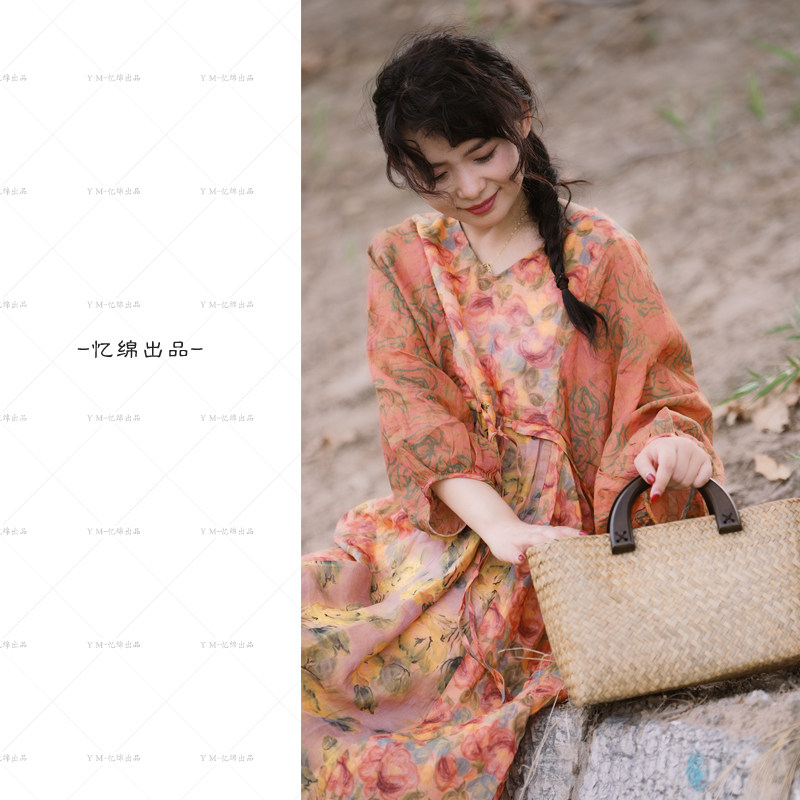 YIMIAN  苎麻“一梦芳华”别致度假风印花文艺连衣裙290081
