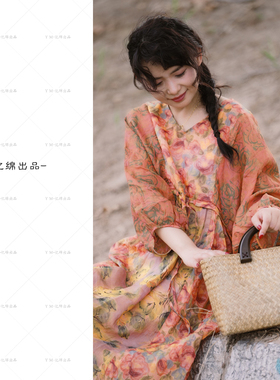 YIMIAN  苎麻“一梦芳华”别致度假风印花文艺连衣裙290081