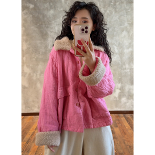 YIMIAN 质感偏爱小众亚麻糖果色百搭拼接毛领加棉棉衣2625557