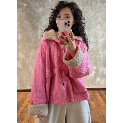 YIMIAN质感亚麻糖果色拼接棉衣