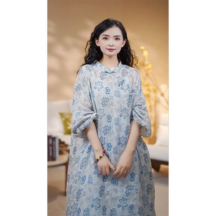 YIMIAN  温婉东方青花印花斜襟盘扣手工缠线旗袍连衣裙 22626143