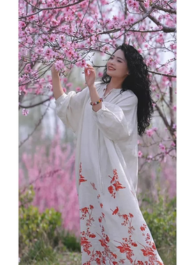 YIMIAN “凤栖梧桐”亚麻v领高定印花飘逸重工度假风连衣裙2105