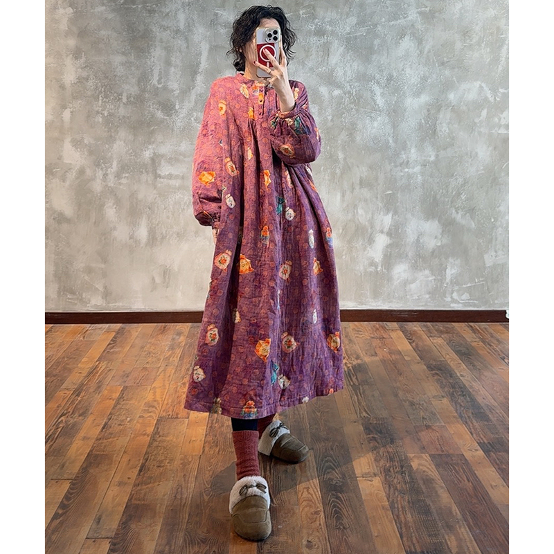 YIMIAN  “紫韵香囊”复古做旧重工福袋印花宽松加厚连衣裙290266