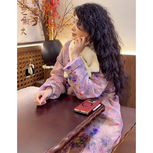 YIMIAN 高端国风复古花卉印花盘扣斜襟旗袍式宽松棉衣2625657
