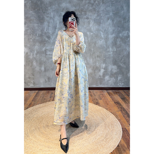 压褶领口系绳连衣裙225667 碎花苎麻浪漫时尚 YIMIAN 初恋感法式