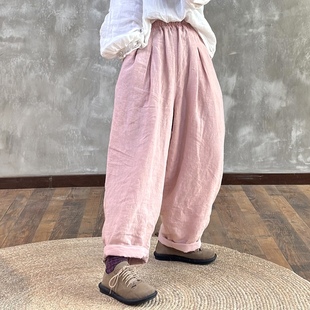 复古亚麻双层松紧腰百搭宽松显瘦休闲裤 YIMIAN 新款