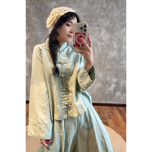 YIMIAN 清冷书卷气亚麻“墨雨云间”新中式薄荷高级感上衣2625293