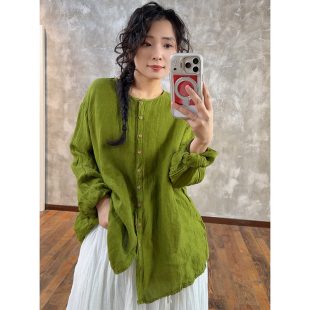 YIMIAN 春色蔓延明媚简约高级舒适百搭亚麻圆领休闲上衣21105