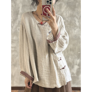 YIMIAN 高定重磅粗麻手工缠线斜襟盘扣国风上衣26069 慢煮时光