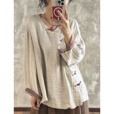 YIMIAN “慢煮时光”高定重磅粗麻手工缠线斜襟盘扣国风上衣26069
