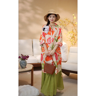 YIMIAN  “虞美人”苎麻国风印花优雅知性翻领衬衫连衣裙26111
