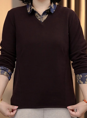 2026春季新款时尚衬衫领假两件卫衣女宽松遮肚显瘦开叉妈妈装上衣