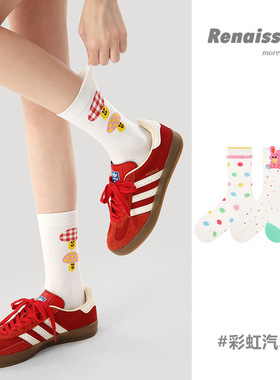 3双装原创女袜春夏彩虹波点中筒袜少女心学生卡通蘑菇精梳棉袜子