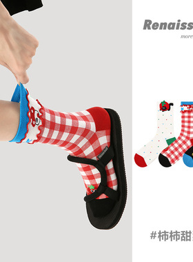 3双装原创女袜春夏季柿柿甜猫中筒袜花边无骨精梳棉运动少女袜子