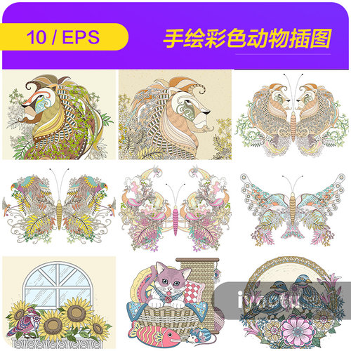 手绘彩色动物蝴蝶绘画涂色插图插画海报矢量设计素材源文件930115