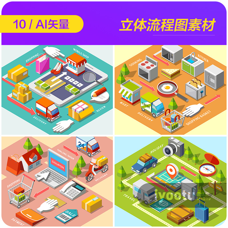 创意手绘商店生产流程三维立体等距插图ai矢量设计素材i2111201