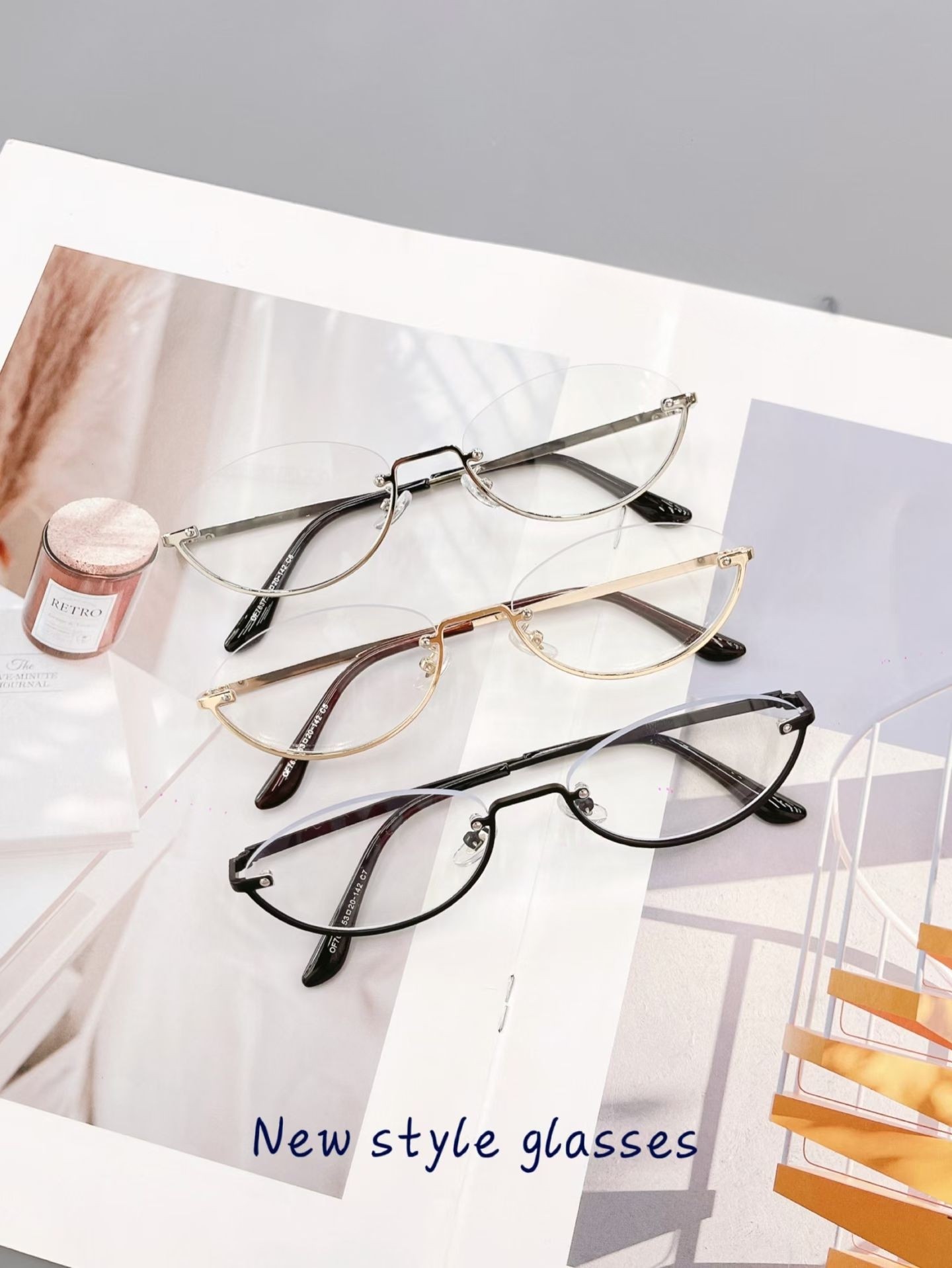 猫眼半框金属椭圆眼镜男女款小众高品质可配近视防蓝光平光镜框架