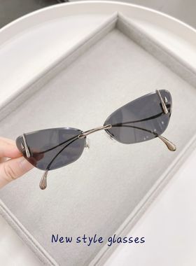 欧美无框金属猫眼太阳镜女y2k未来感简约大脸显瘦墨镜防紫外线潮