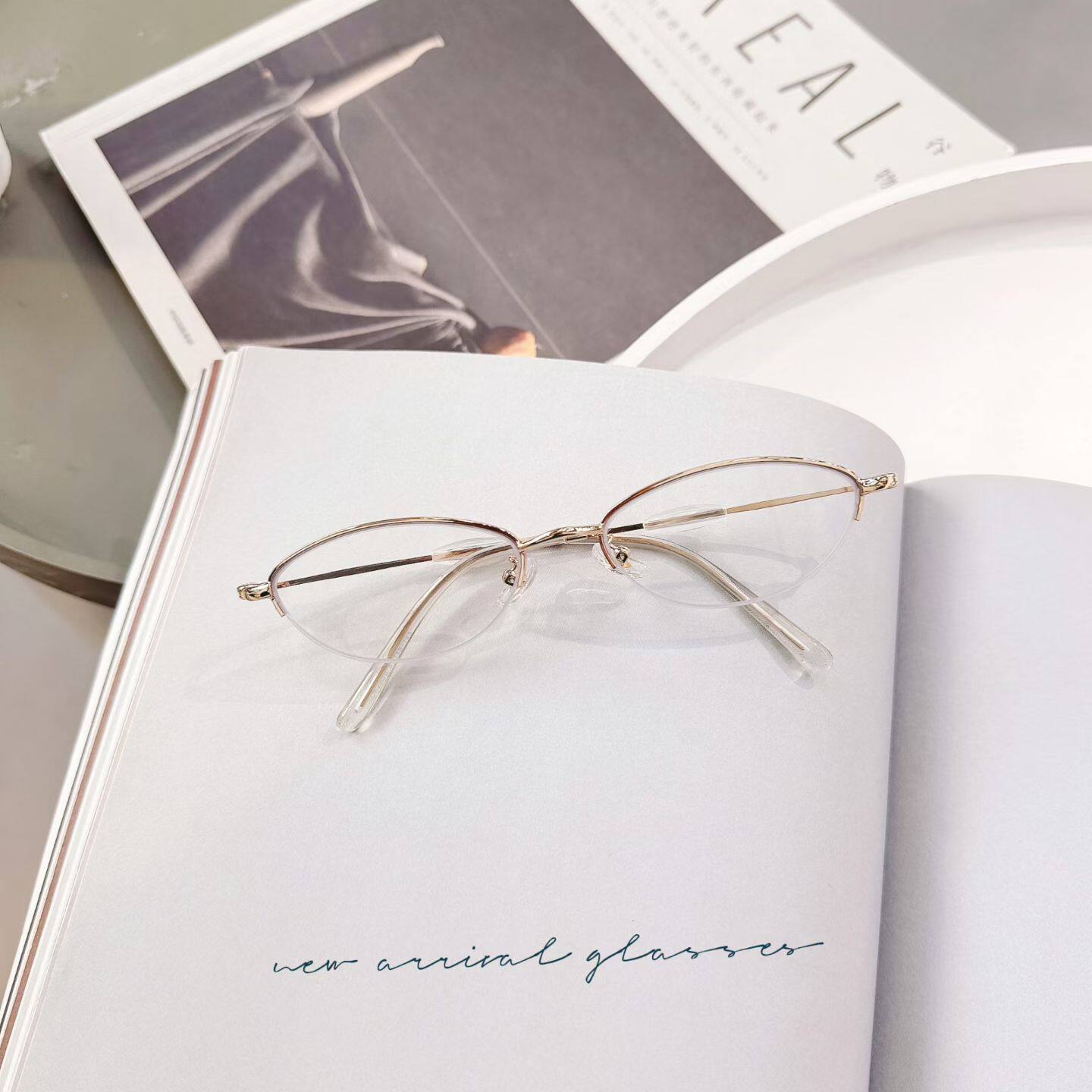 2026文艺金属半框椭圆形眼镜男女近视可配度数素颜防蓝光平光眼睛