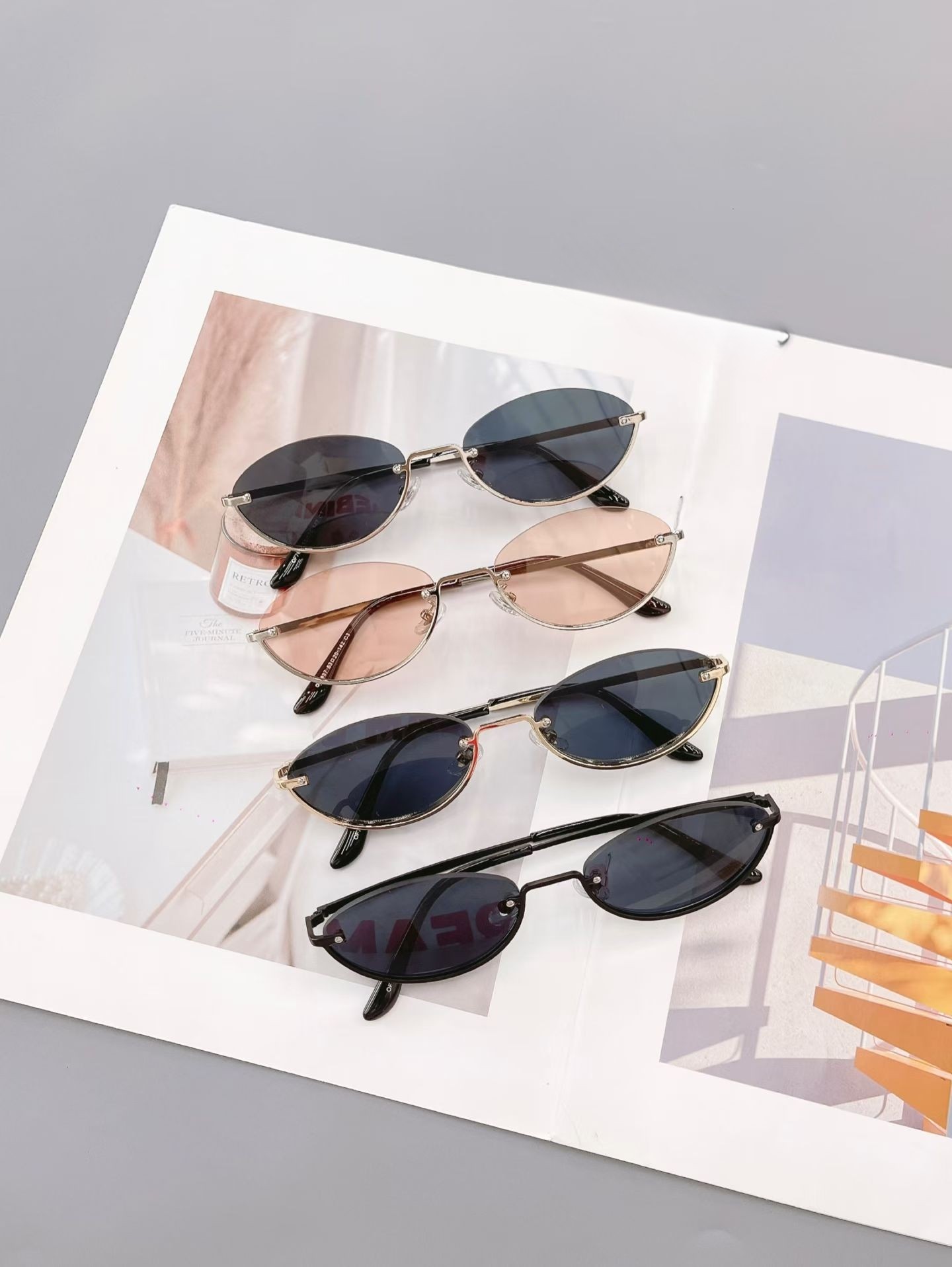 新款金属猫眼太阳眼镜男女时尚椭圆形半框墨镜防紫外线潮可配近视