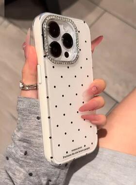 白色波点苹果16手机壳iPhone15promax镶钻镜头新款2025网红爆款16pro独特超好看二合一13高级感14p防摔保护套