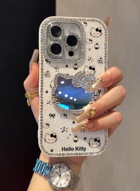 HelloKitty白色镜子苹果16手机壳iphone15promax新款2025网红爆款16Pro超好看闪钻13高级感14p防摔保护套外壳