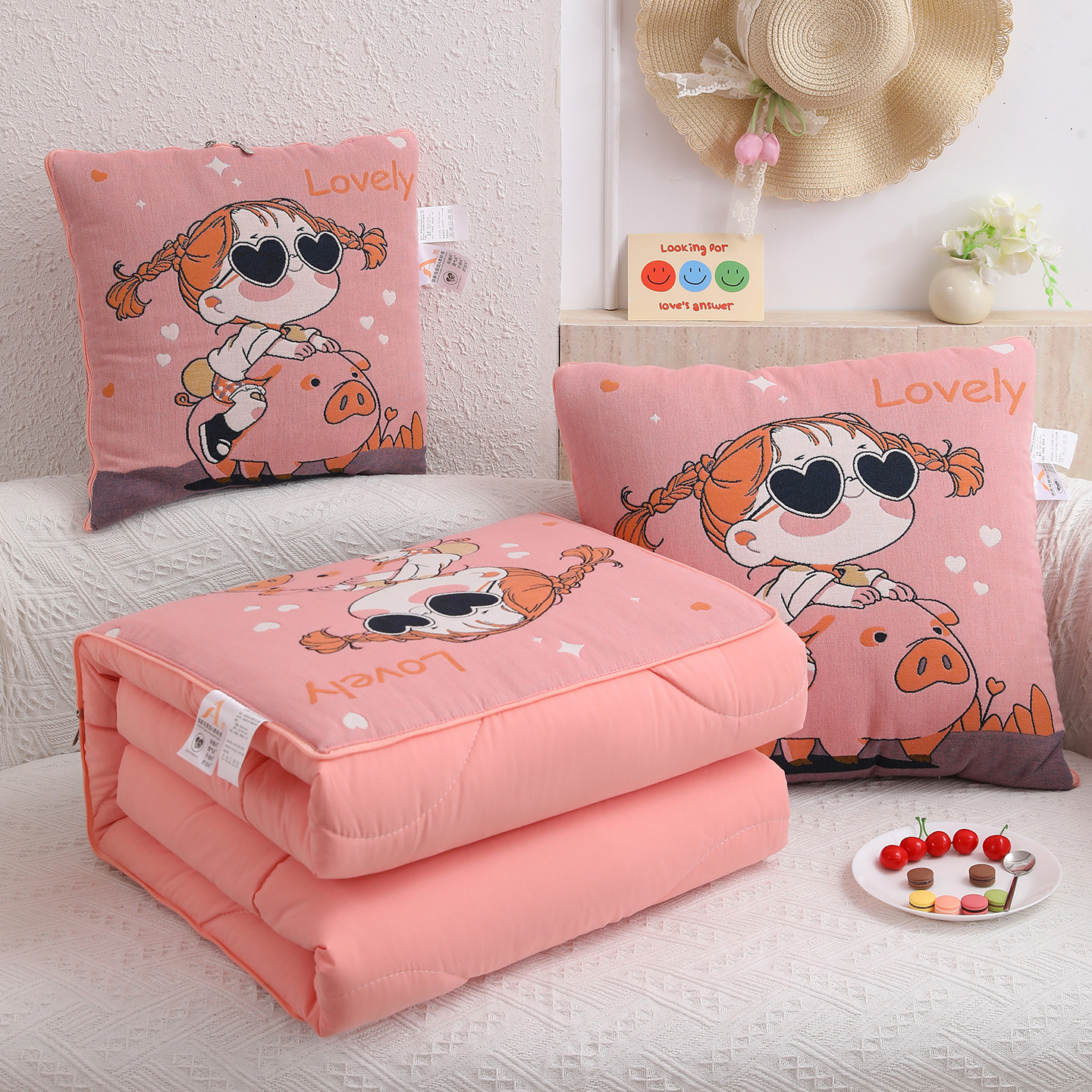 卡通抱枕被子两用全棉午睡毯二合一空调学生办公室多功能车载靠垫