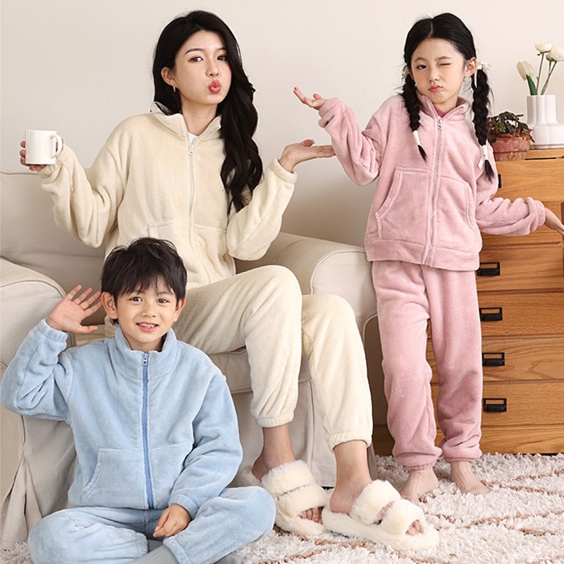 儿童秋冬加厚家居服套装亲子加大码珊瑚绒加绒男女童保暖睡衣裤