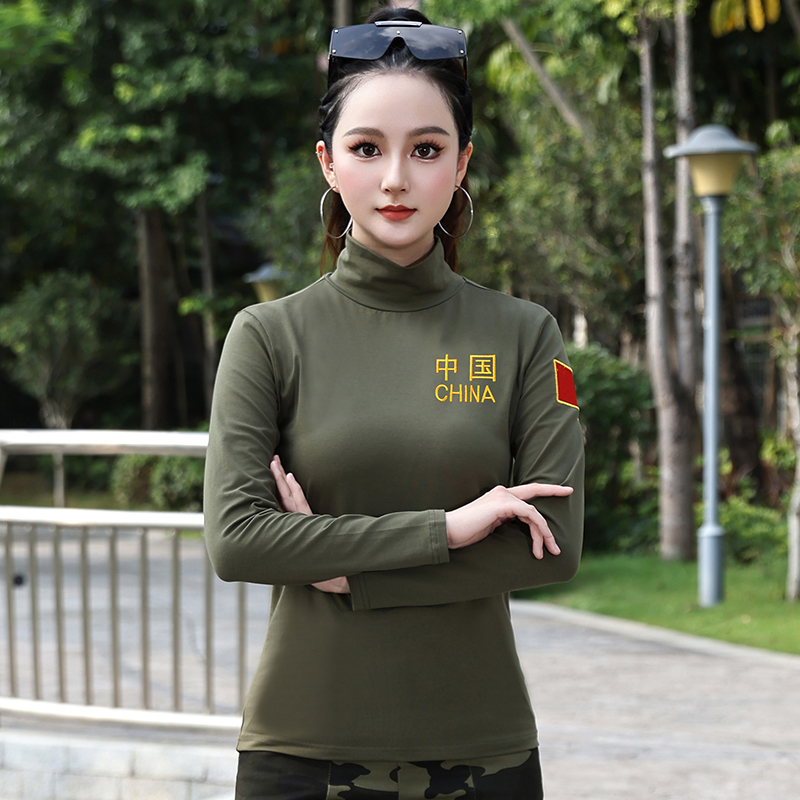 中国长袖春秋纯棉军绿色高领女T恤修身显瘦刺绣红旗表演爱国体恤