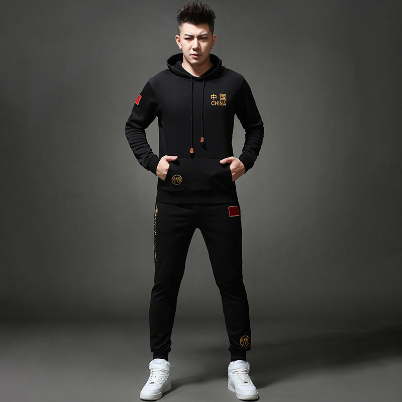 男士国旗连帽卫衣套装春秋黑色休闲袋鼠兜口袋时尚刺绣中国两件套