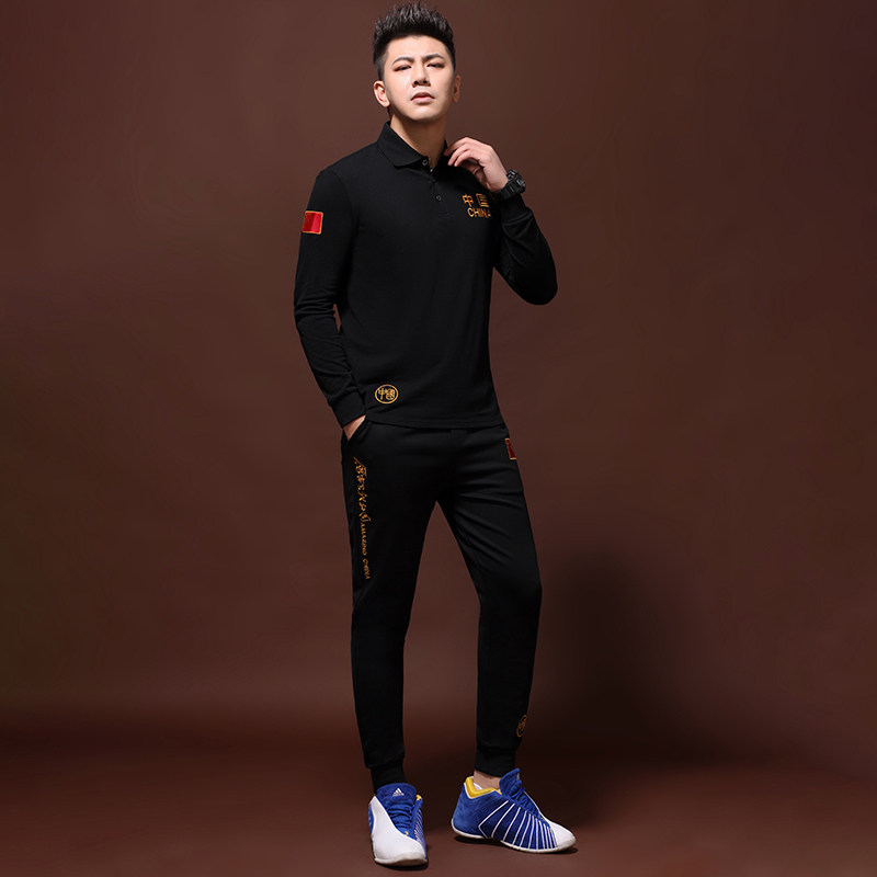 男士翻领polo套装春秋纯棉中国长袖t恤衫刺绣国旗地图长裤二件套